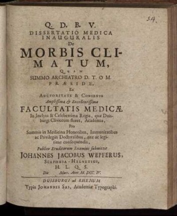 Dissertatio Medica Inauguralis De Morbis Climatum