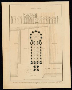 Gertraudenkirche, Berlin: Grundriss, Lageplan, Querschnitt, Längsschnitt (aus: Sammlung Architektonischer Entwürfe, Berlin 1858)