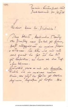 Brief von Adolf Spamer an Peter Diederichs 18.04.1936