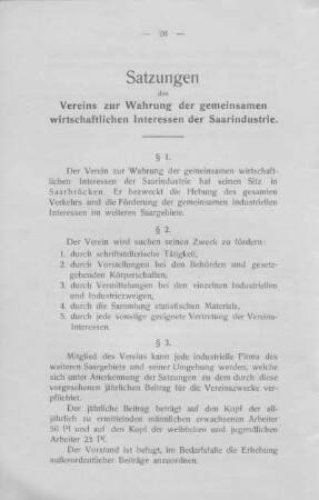 Satzungen des Vereins zur Wahrung der gemeinsamen wirtschaftlichen Interessen der Saarindustrie.