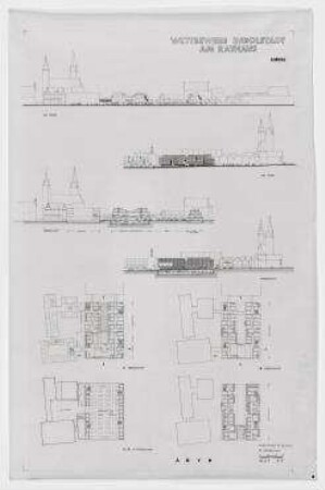 Wettbewerb Ingolstadt am Rathaus (nicht realisiert) – Südansicht, Ostansicht, Querschnitt, Längsschnitt, Grundrisse 1.-3. OG, 1.-2. UG. Ingolstadt