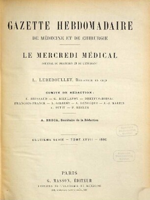 Gazette hebdomadaire de médecine et de chirurgie. 27. 1890