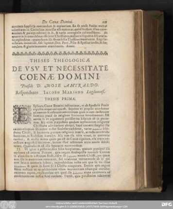 Theses Theologicae De Usu Et Necessitate Coenae Domini. Praeside D. Mose Amyralod. Respondente Iacobo Marioni Lugdunensi.