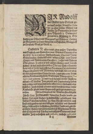 Wir Rudolff der Ander von Gottes genaden Erölter Römischer Kayser/ zu allen Zeitten Mehrer des Reichs/ ...