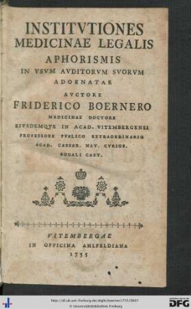 Institvtiones Medicinae Legalis Aphorismis In Vsvm Avditorvm Svorvm Adornatae