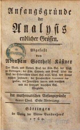 Anfangsgründe der Analysis endlicher Grössen, 1