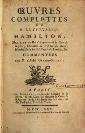 Oeuvres Complettes De M. Le Chevalier Hamilton, Ministre du Roi d'Angleterre ...