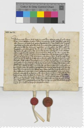 Die 3 Testamentsvollstrecker der Gheseke, Witwe des Diderik Bardewikes, vereinbaren einen Erbvergleich der Brüder Hermen und Cord genannt Bardewike. Es besiegeln die Lüneburger Ratsmannen Johan van der Molen und Johan van Ollensen.