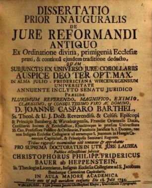Diss. prior inaug. de iure reformandi antiquo, ex ordinatione divina, primigenia ecclesiae praxi, et continua eiusdem traditione deducto