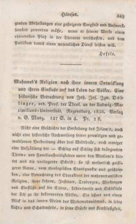 349-364 [Rezension] Döllinger, Ignaz von, Muhammed's Religion nach ihrer inneren Entwicklung und ihrem Einflusse auf das Leben der Völker