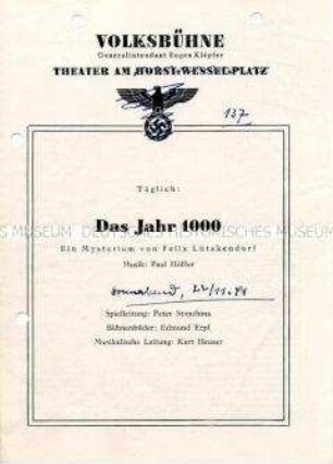 Programm der Volksbühne des Mysteriums "Das Jahr 100" von Felix Lützkendorf