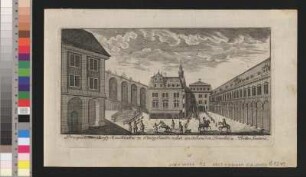 Ansicht vom Dresdner Stallhof, Kupferstich, um 1780 : Schlitterlau, Friedrich Gottlob : Prospect des Churf. Reuthbahne in Stallgebaeude, nebst anstehenden Gewehr- u. Bilder-Gallerie / [F. G. Schlitterlau sc.]. - [Dresden] , [um 1780]. - 1 Kunstbl. : Kupferst. ; 25 x 13 cm