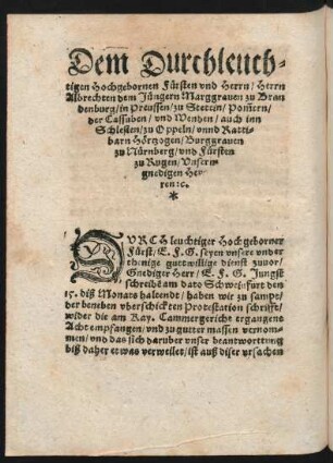 Dem Durchleuchtigen ... Herrn Albrechten dem Jüngern Marggraven zu Brandenburg ...