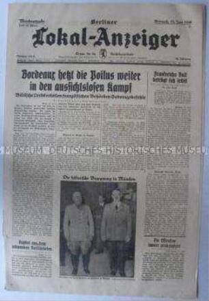 Tageszeitung "Berliner Lokal-Anzeiger" u.a. zum Kriegsverlauf in Frankreich und zu einem Treffen zwischen Hitler und Mussolini in München
