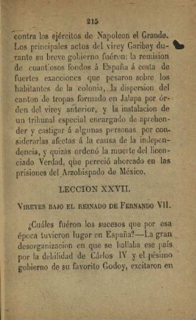 Leccion XXVII. Vireyes bajo el reinado de Fernando VII