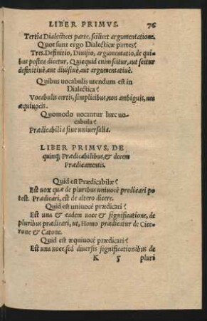Liber Primus, De quinque Praedicabilibus, et decem Praedicamentis.
