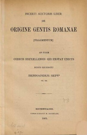 Incerti auctoris liber de origine gentis Romanae : fragmentum