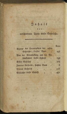 Inhalt der verschiedenen Theile dieser Gespräche.