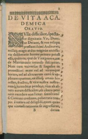 De Vita Academica Oratio.