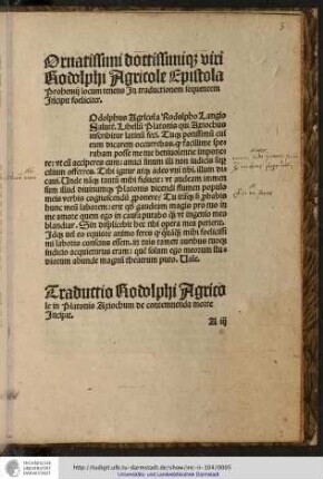 Traductio Rodolphi Agricole in Platonis Axiochum de contemnenda morte incipit.