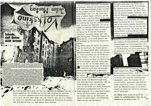 Flugschrift: Volkskino Jeden Montag.               Schade, daß Beton nicht brennt, 1981