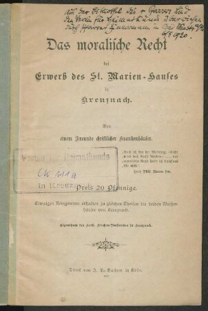 Das moralische Recht bei Erwerb des St.-Marien-Hauses in Kreuznach