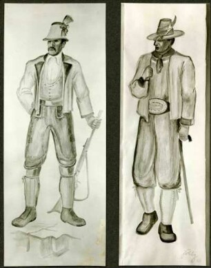 Trachtenbilder. Zeichnung. Zwei Herren stehend mit Gehstock in Volkstracht. Halbtotale