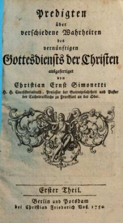 Predigten über verschiedene Wahrheiten des vernünftigen Gottesdiensts der Christen, 1