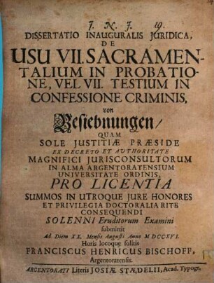 Diss. inaug. iur. de usu VII. sacramentalium in probatione, vel VII. testium in confessione criminis, von Besiebnungen