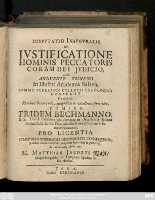 Dispvtatio Inavguralis De Jvstificatione Hominis Peccatoris Coram Dei Jvdicio
