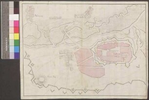 Königgrätz; [ohne Titel; Festungsplan]; ohne Verfasser; ohne Maßstab; 43,5 x 32,5 cm; Kartenrand: Befestigungen; Krostenberg-Befestigungsanlagen; Malshowitz-Befestigungsanlagen; Papier; Federzeichnung mit Schraffen; Siedlungen in Wasserfarben.