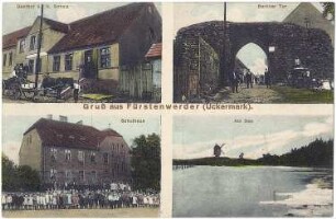 Nordwestuckermark-Fürstenwerder. Ortsansichten, u.a. Bockmühle, kolorierte Ansichtskarte