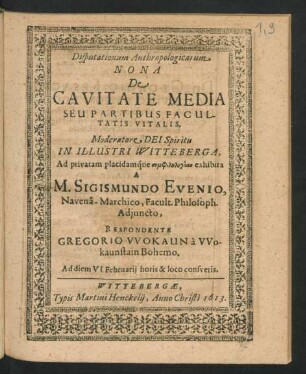 Disputationum Anthropologicarum Nona De Cavitate Media Seu Partibus Facultatis Vitalis