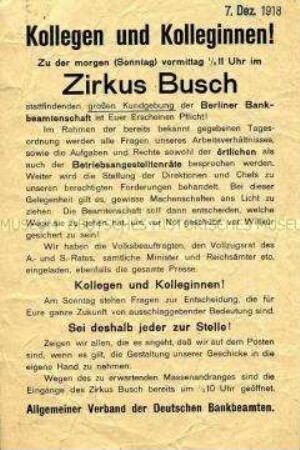 Propagandaflugblatt mit dem Aufruf zu einer Versammlung der Berliner Bankbeamten