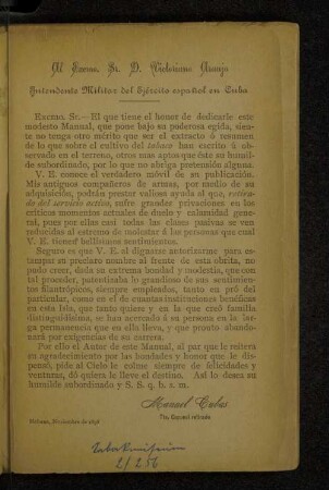 Al Excmo. Sr. D. Victoriano Aranjo Intendente Militar del Ejército espanol en Cuba