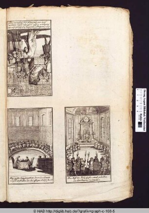 Die erste Congragation derer Cardinaele wegen anstalten der künfftigen Päbste Wahl; Die Mess des Heil. Geistes wird gehalten vor dem Eingang ins Conclave; Der Cardinal Camerling besichtigt den verstorbenen Pabst, niemmt den Ring zu sich, und zerschlägt das Päbstliche Siegel