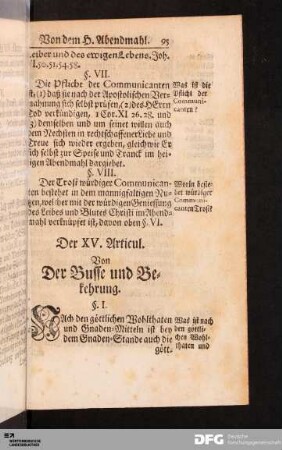 Der XV. Articul. Von Der Busse und Bekehrung.