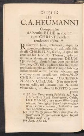 III. - C. A. HEUMANNI Comparatio adscensus ELIAE in coelum cum CHRISTI eodem tendentis abitu.