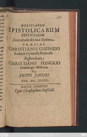 Deliciarum Epistolicarum Festivalium Exercitatio decima Septima