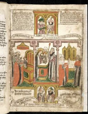 (1) Antitypus: Darbringung Christi im Tempel; Typen: (2) Reinigungsopfer nach dem Gesetzt; (3) Darbringung Samuel im Tempel; (4) Propheten-Brustbilder