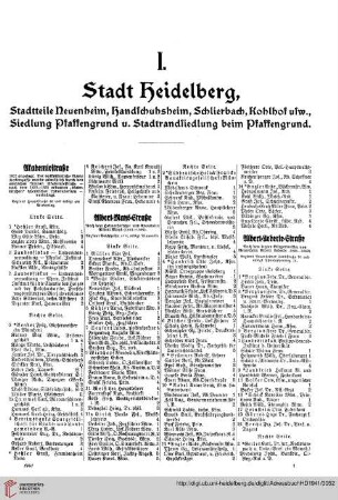 Verzeichnis der Haus=Eigentümer und Haus=Bewohner: I. Stadt Heidelberg, Stadtteile Neuenheim, Handschuhsheim, Schlierbach, Kohlhof, usw., Siedlungen Pfaffengrund u. Stadtrandsiedlung