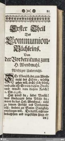 Erster Theil Des Communion-Büchleins. Von der Vorbereitung zum H. Abendmahl
