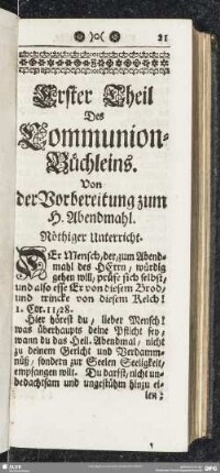 Erster Theil Des Communion-Büchleins. Von der Vorbereitung zum H. Abendmahl