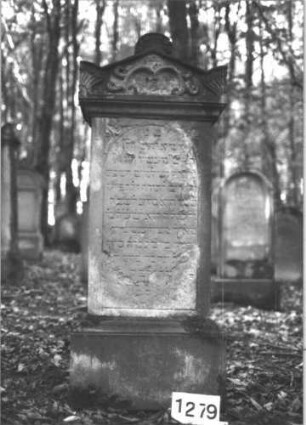 Grabstein 1279 (Index: 99900117) Material: Sandstein Zustand: stark verwittert Maße HxBxT: 153x60x29 cm Beschreibung: aufgesockelte Stele mit Giebelaufsatz, Giebel- und Eckakroterien, im Giebelfeld Ranken Symbolik: Ranken: Grabstein 1279