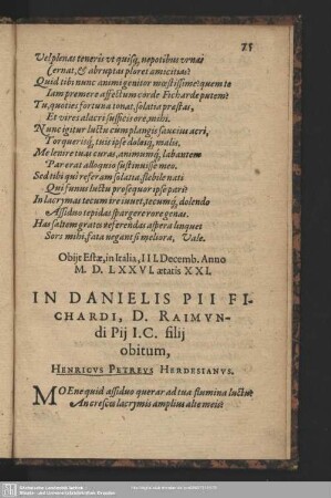 In Danielis Pii Fichardi, D. Raimundi Pij I. C. filij obitum