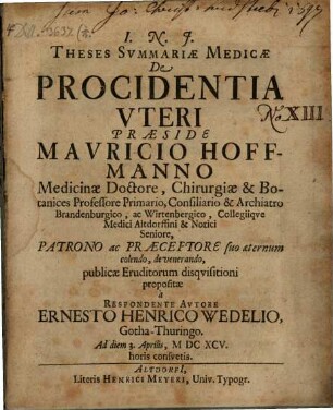 Theses Svmmariae Medicae De Procidentia Vteri