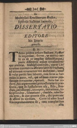 De Multiplici Eruditorum studio, Epistolis hactenus impenso, Dissertatio ad Editore his litteris praemissa