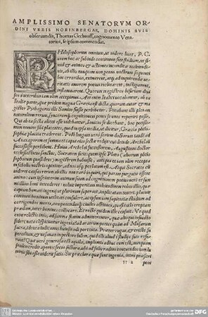 Amplissimo Senatorum Ordini Urbis Norinbergae, Dominis suis obseruandis, Thomas, cognomento Venstorius, se ipsum commendat.