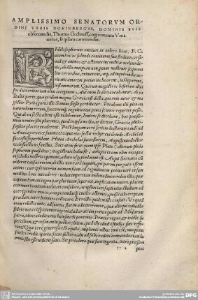 Amplissimo Senatorum Ordini Urbis Norinbergae, Dominis suis obseruandis, Thomas, cognomento Venstorius, se ipsum commendat.