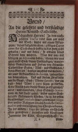 Vorred / An die gelehrte und verständige Herren Römisch-Catholische.